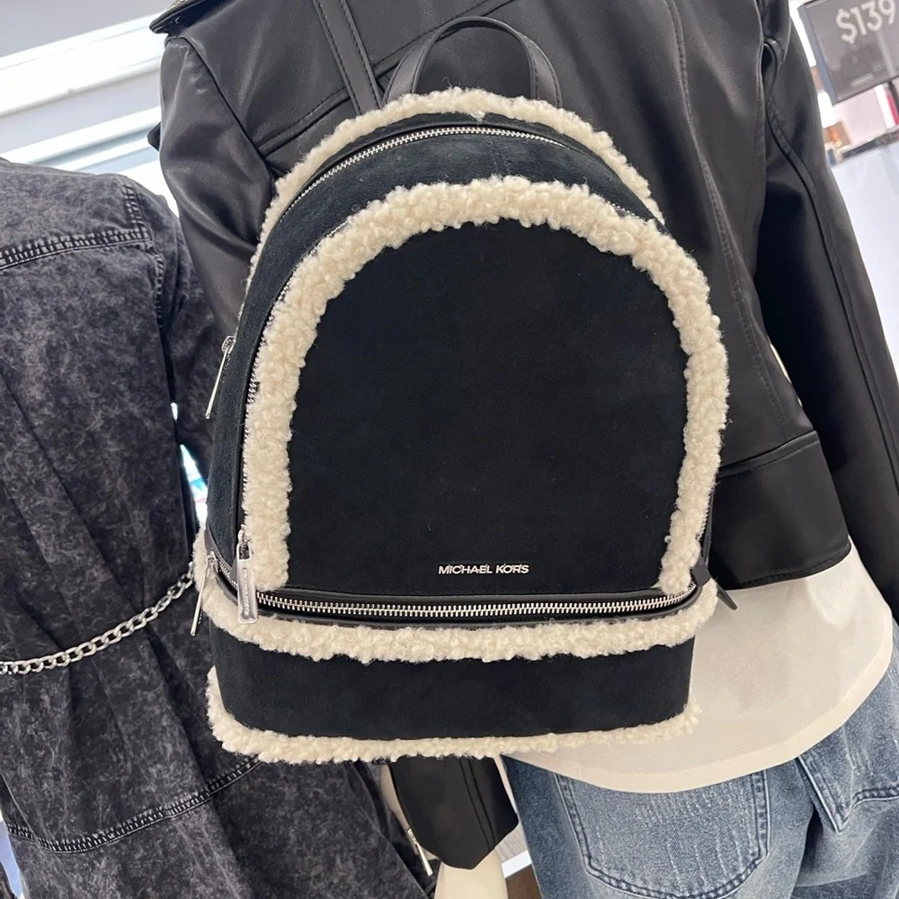 MICHAEL KORS Rhea Medium Suede and Faux Shearling Backpack Black NWT